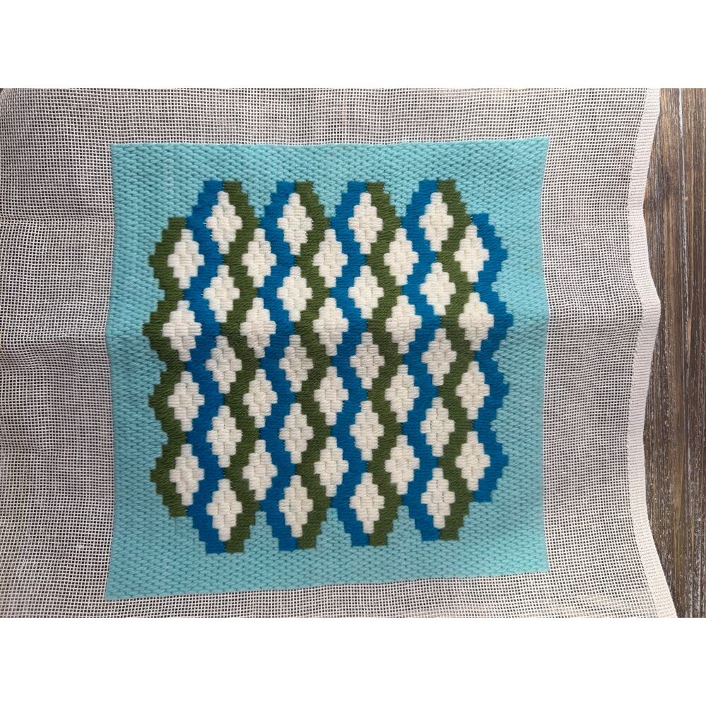 Vintage Mid Century Geometric Needlepoint Blue Green MCM Boho Textile Art Decor - Picture 2 of 3